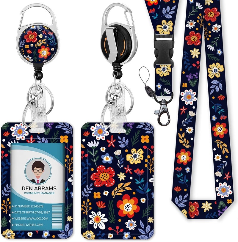 Piefly Lanyards for Id Badges, Vintage Floral Flowers Badge Holder with Retractable Reel Belt Clip, Work Name Tag Lanyard Vertical ID Card Protector Case for Women Nurse Doctor Teacher Student - Image 1